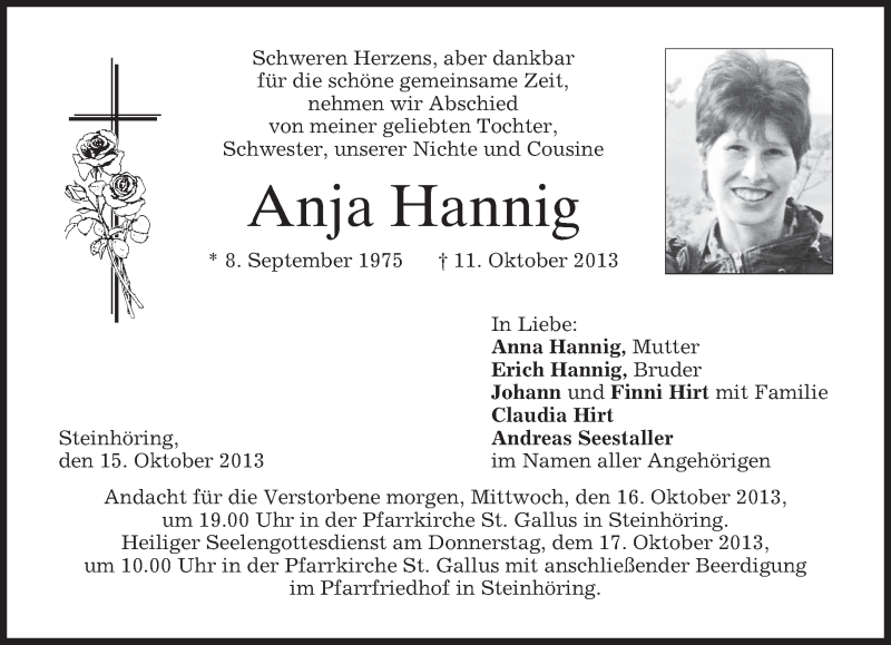  Traueranzeige für Anja Hannig vom 15.10.2013 aus merkurtz