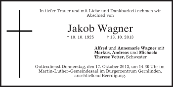 Traueranzeige von Jakob Wagner von merkurtz