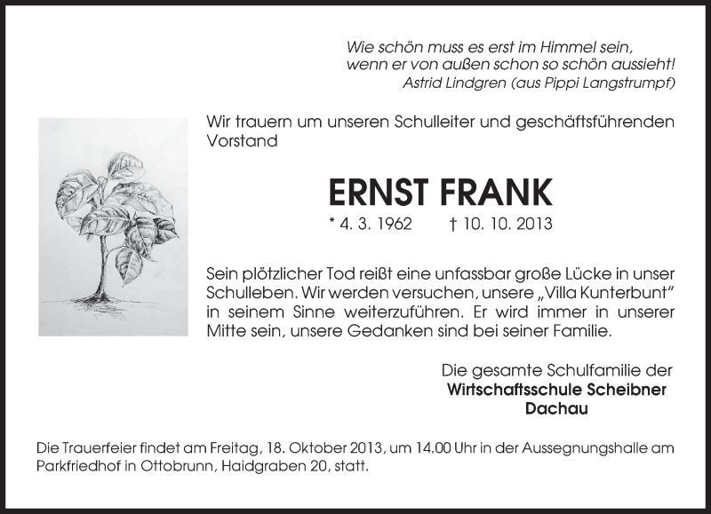  Traueranzeige für Ernst Frank vom 16.10.2013 aus merkurtz