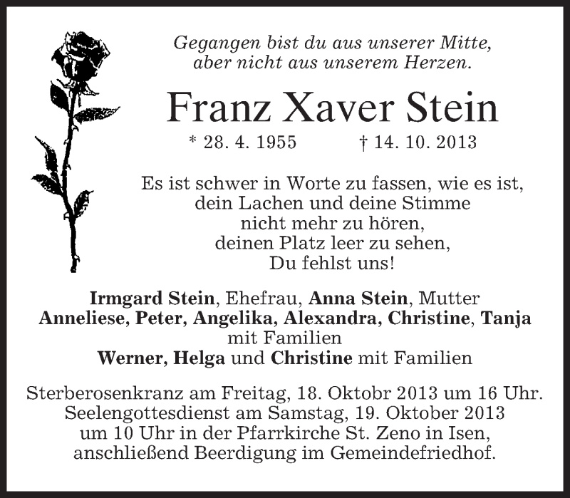  Traueranzeige für Franz Xaver Stein vom 17.10.2013 aus merkurtz