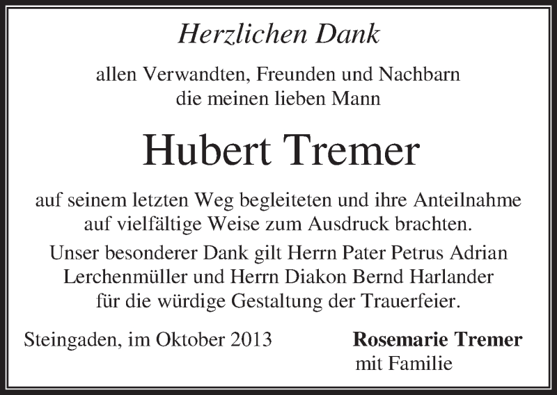  Traueranzeige für Hubert Tremer vom 19.10.2013 aus merkurtz