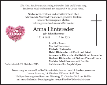 Traueranzeige von Anna Hintereder von merkurtz