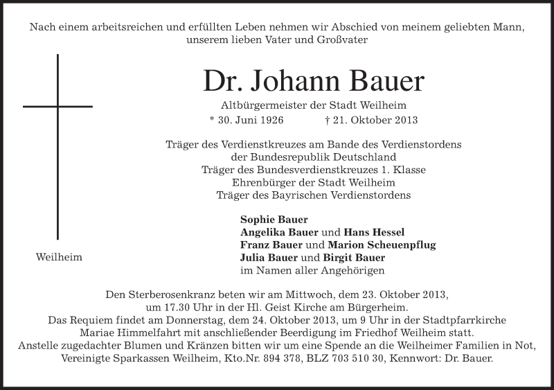  Traueranzeige für Johann Bauer vom 22.10.2013 aus merkurtz