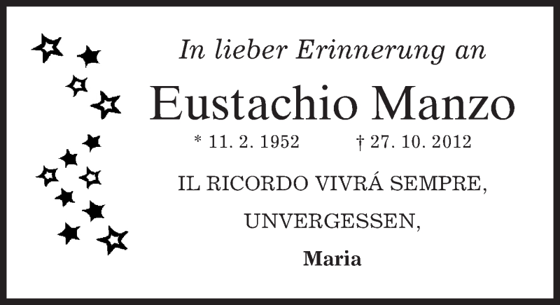  Traueranzeige für Eustachio Manzo vom 25.10.2013 aus merkurtz