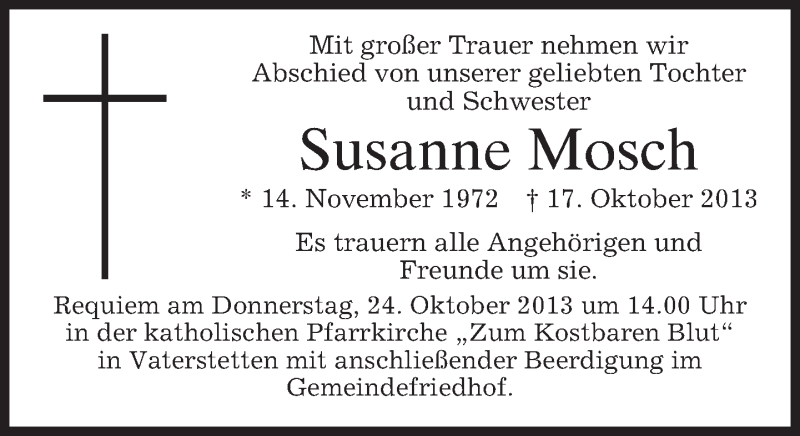  Traueranzeige für Susanne Mosch vom 22.10.2013 aus merkurtz