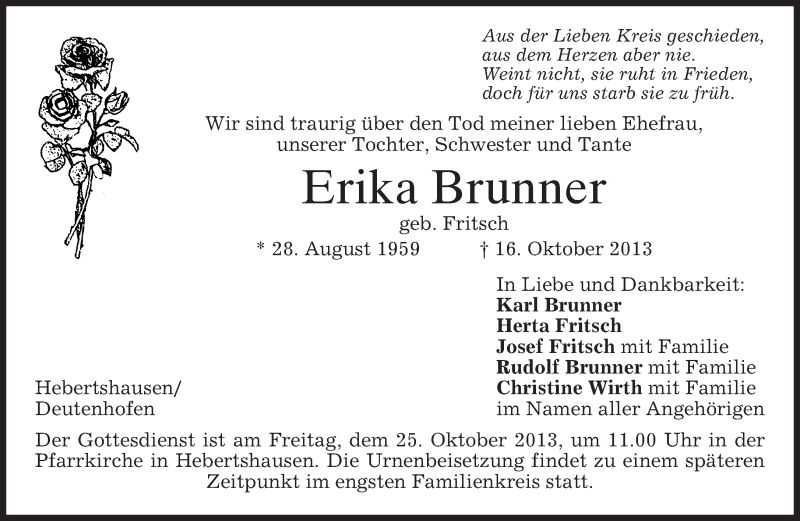  Traueranzeige für Erika Brunner vom 23.10.2013 aus merkurtz
