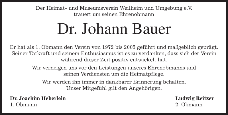  Traueranzeige für Johann Bauer vom 23.10.2013 aus merkurtz