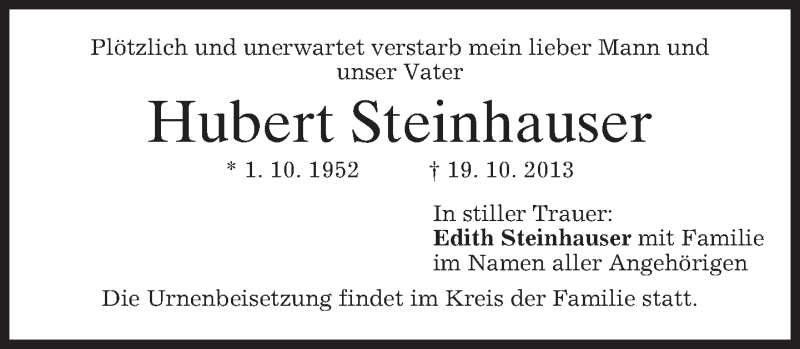  Traueranzeige für Hubert Steinhauser vom 26.10.2013 aus merkurtz