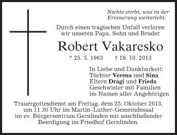 Traueranzeige von Robert Vakaresko von merkurtz