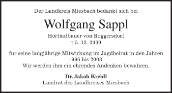 Traueranzeige von Wolfgang Sappl von MERKUR & TZ