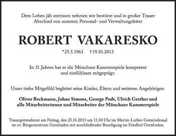 Traueranzeige von Robert Vakaresko von merkurtz
