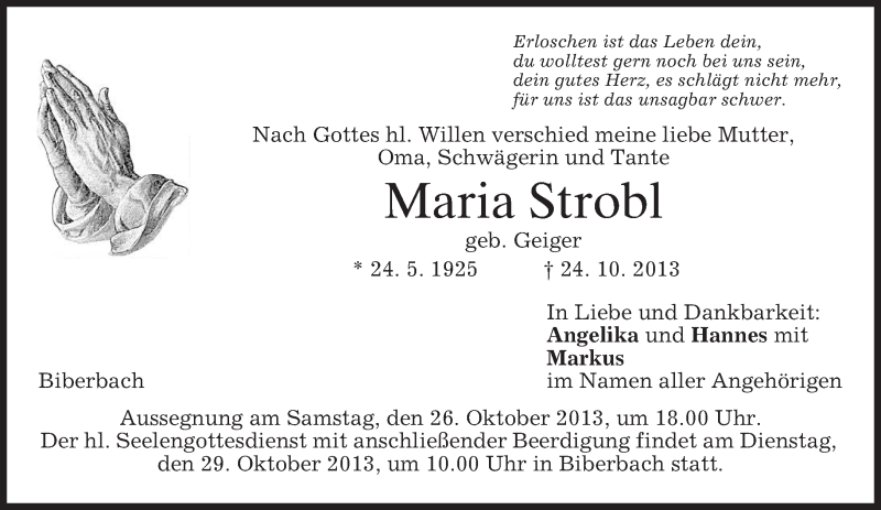  Traueranzeige für Maria Strobl vom 25.10.2013 aus merkurtz