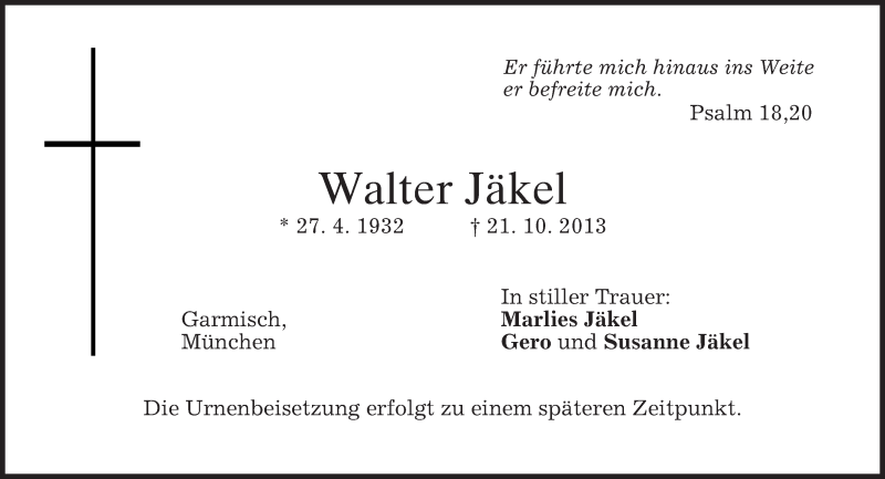  Traueranzeige für Walter Jäkel vom 26.10.2013 aus merkurtz