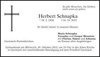Traueranzeige von Herbert Schnapka von merkurtz