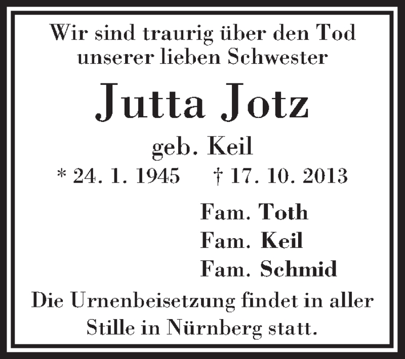  Traueranzeige für Jutta Jotz vom 26.10.2013 aus merkurtz