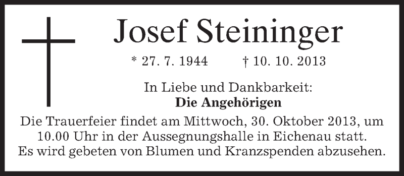 Traueranzeige für Josef Steininger vom 28.10.2013 aus merkurtz