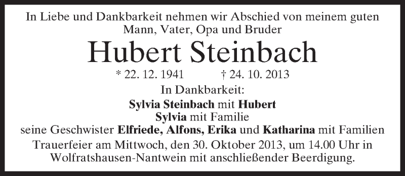  Traueranzeige für Hubert Steinbach vom 28.10.2013 aus merkurtz