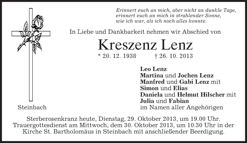  Traueranzeige für Kreszenz Lenz vom 29.10.2013 aus merkurtz