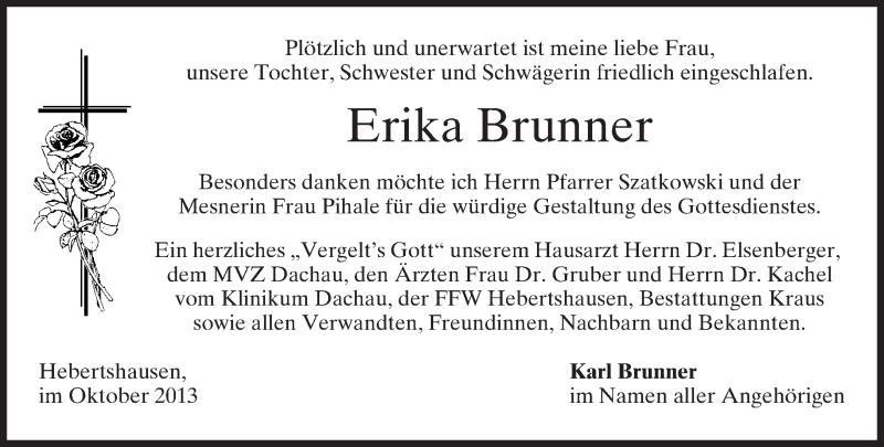  Traueranzeige für Erika Brunner vom 30.10.2013 aus merkurtz
