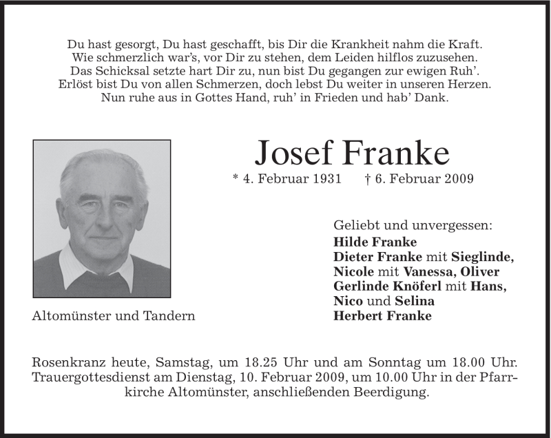  Traueranzeige für Josef Franke vom 07.02.2009 aus MERKUR & TZ