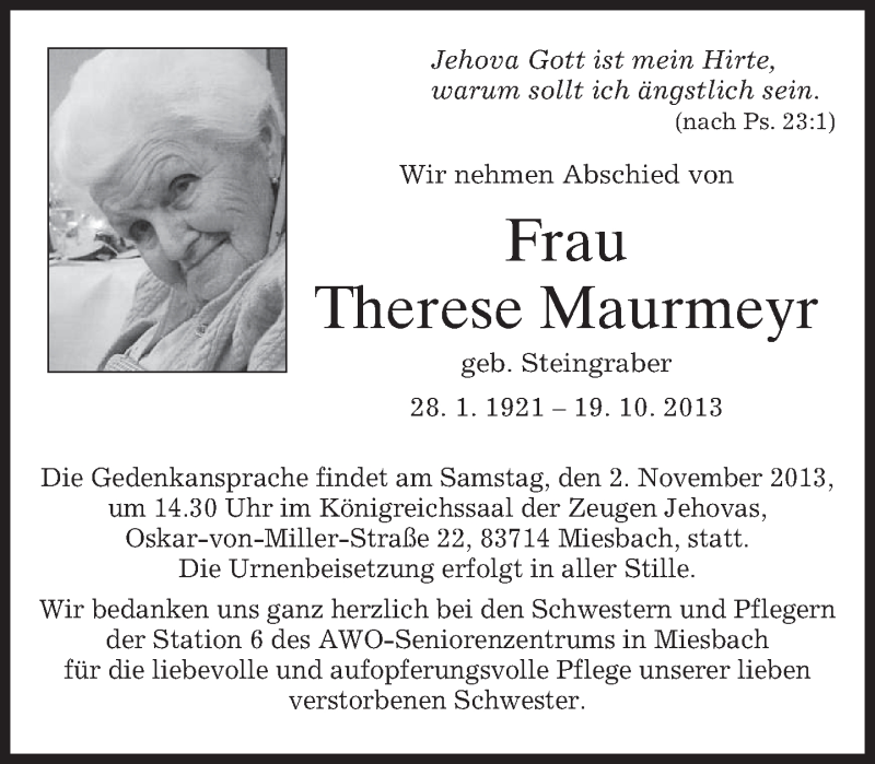  Traueranzeige für Therese Maurmeyr vom 30.10.2013 aus merkurtz