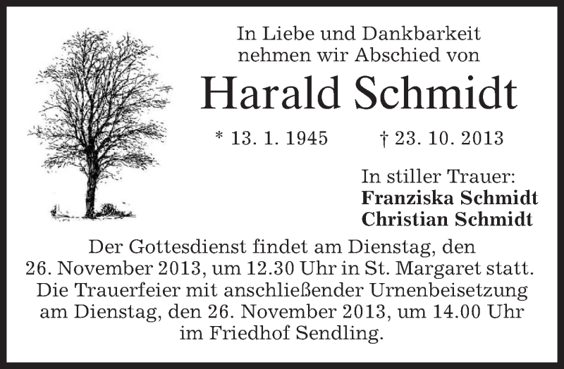 Traueranzeige für Harald Schmidt vom 02.11.2013 aus merkurtz