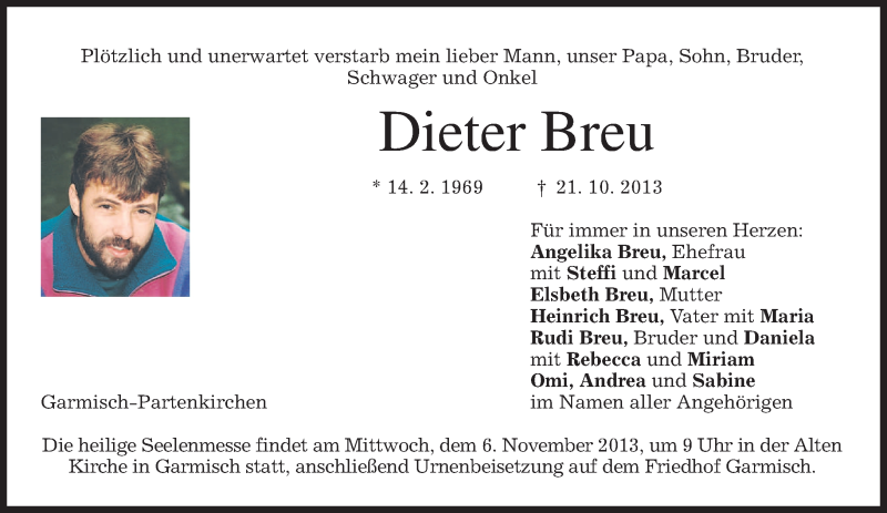  Traueranzeige für Dieter Breu vom 02.11.2013 aus merkurtz