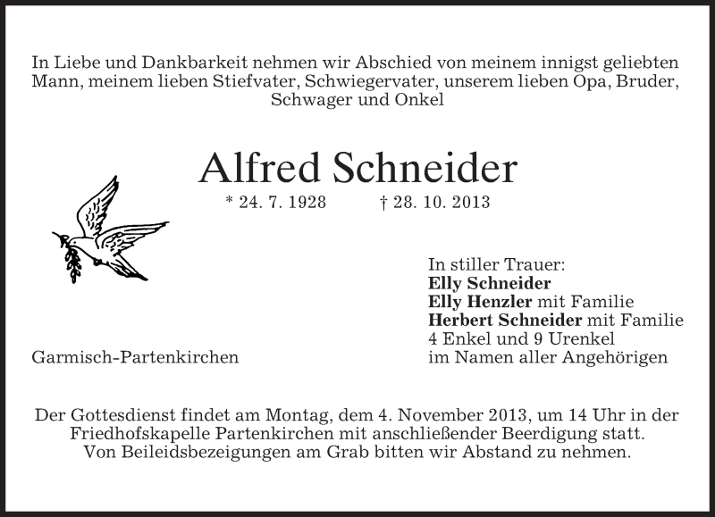  Traueranzeige für Alfred Schneider vom 02.11.2013 aus merkurtz