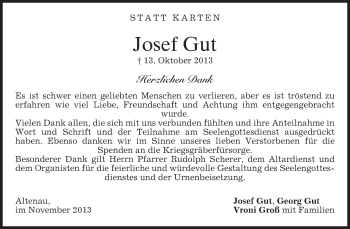 Traueranzeige von Josef Gut von merkurtz