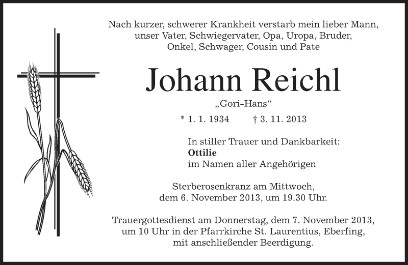 Traueranzeigen Von Johann Reichl | Trauer.merkur.de