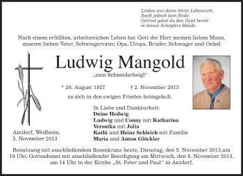 Traueranzeige von Ludwig Mangold von merkurtz