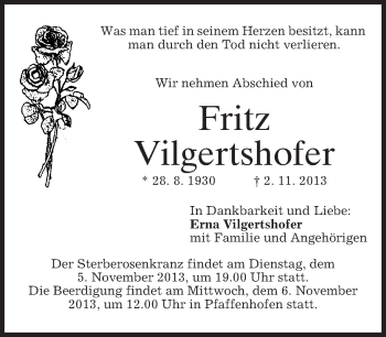 Traueranzeige von Fritz Vilgertshofer von merkurtz