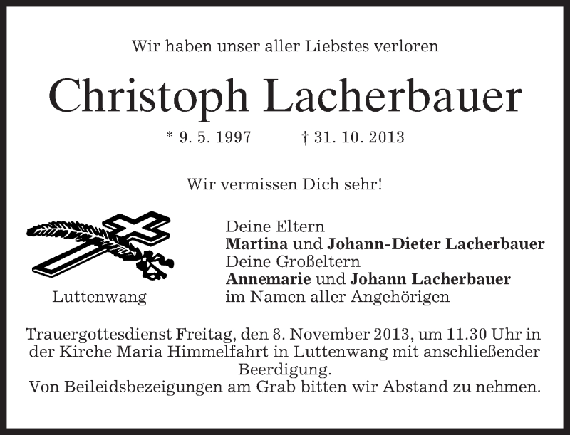  Traueranzeige für Christoph Lacherbauer vom 06.11.2013 aus merkurtz