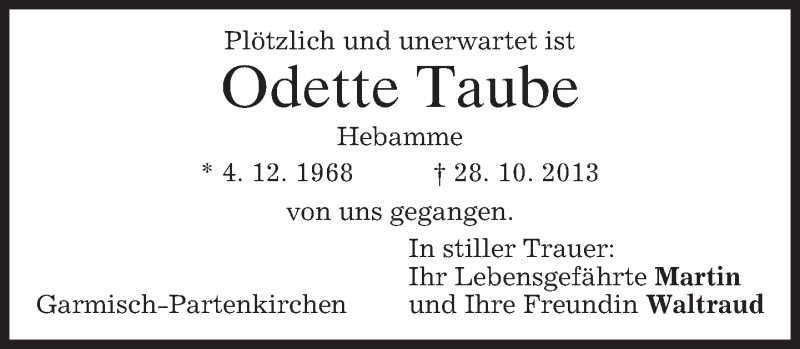  Traueranzeige für Odette Taube vom 09.11.2013 aus merkurtz