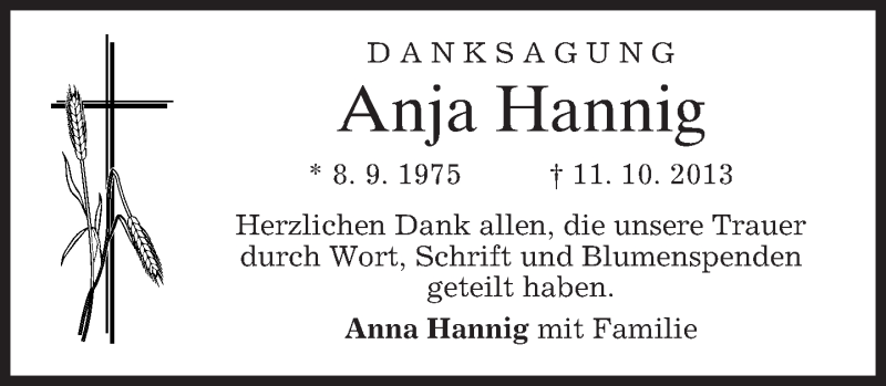  Traueranzeige für Anja Hannig vom 09.11.2013 aus merkurtz