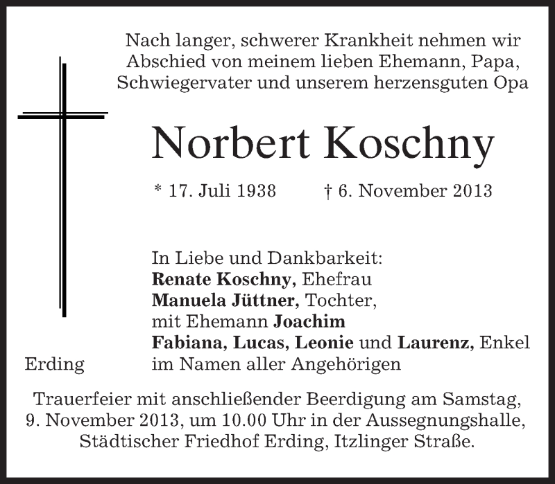  Traueranzeige für Norbert Koschny vom 08.11.2013 aus merkurtz