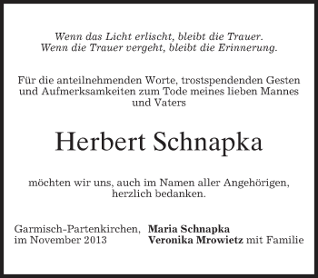 Traueranzeige von Herbert Schnapka von merkurtz