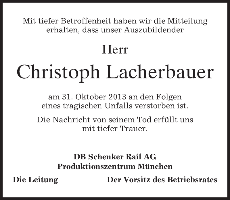  Traueranzeige für Christoph Lacherbauer vom 09.11.2013 aus merkurtz