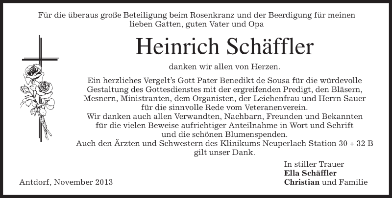  Traueranzeige für Heinrich Schäffler vom 11.11.2013 aus merkurtz