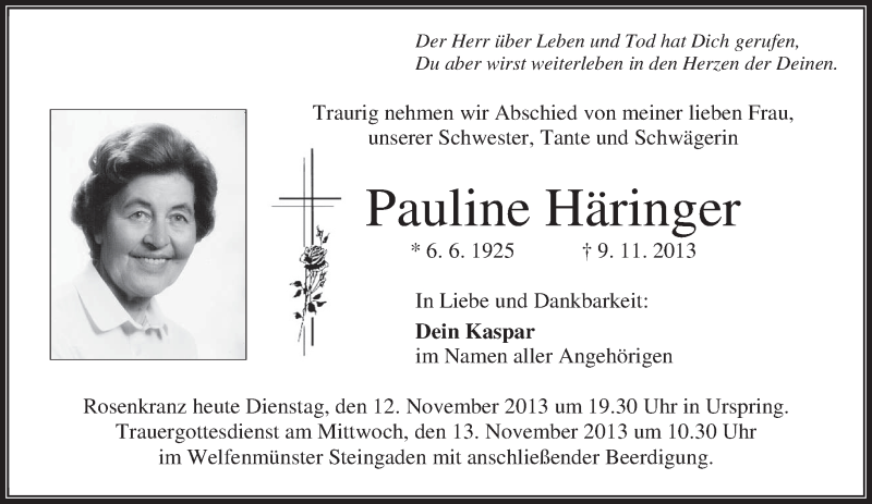  Traueranzeige für Pauline Häringer vom 12.11.2013 aus merkurtz