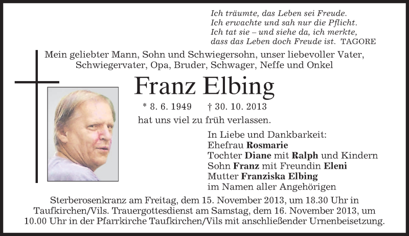  Traueranzeige für Franz Elbing vom 13.11.2013 aus merkurtz