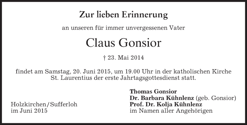  Traueranzeige für Claus Gonsior vom 13.06.2015 aus merkurtz