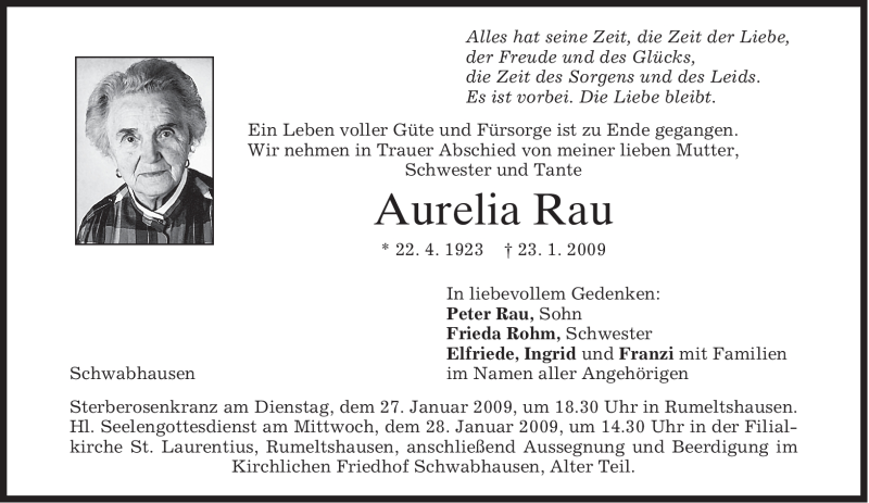 Traueranzeige für Aurelia Rau vom 26.01.2009 aus MERKUR & TZ