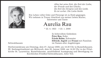 Traueranzeige von Aurelia Rau von MERKUR & TZ