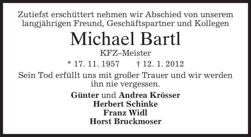  Traueranzeige für Michael Bartl vom 19.01.2012 aus MERKUR & TZ
