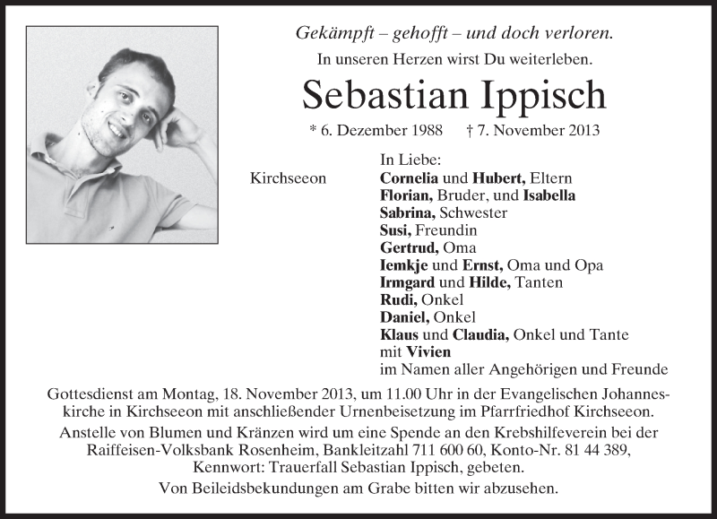  Traueranzeige für Sebastian Ippisch vom 15.11.2013 aus merkurtz