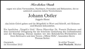 Traueranzeige von Johann Ostler von merkurtz