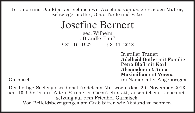  Traueranzeige für Josefine Bernert vom 16.11.2013 aus merkurtz