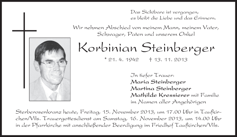  Traueranzeige für Korbinian Steinberger vom 15.11.2013 aus merkurtz