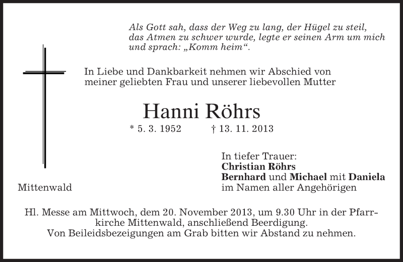  Traueranzeige für Hanni Röhrs vom 16.11.2013 aus merkurtz